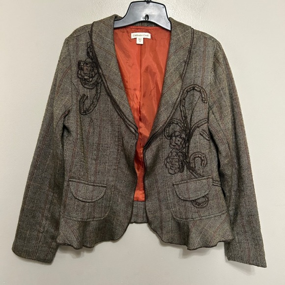 Coldwater Creek Jackets & Blazers - Women's Cottagecore Blazer 10 Brown Herringbone Floral Embroidered Dark Academia